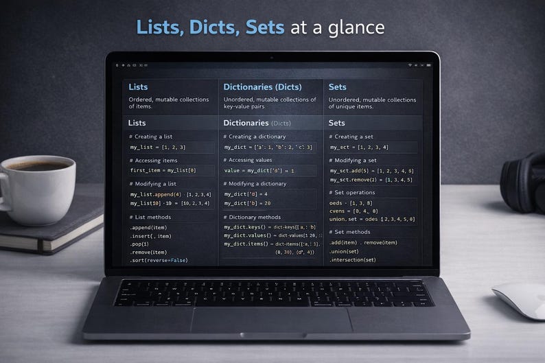 Peut inclure: Un ordinateur portable affiche un &eacute;cran sombre avec le texte "Lists, Dicts, Sets at a glance". L'&eacute;cran montre des exemples de code pour les listes, les dictionnaires et les ensembles. Une tasse blanche et un livre sont &agrave; gauche.