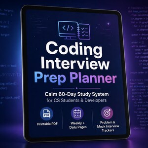 Op de afbeelding: Een digitale tablet toont een "Coding Interview Prep Planner" met een blauw en wit ontwerp. De planner bevat een 60-daags studiesysteem voor CS-studenten en -ontwikkelaars, met pictogrammen voor PDF, wekelijkse pagina's en interview trackers.