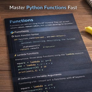 Peut inclure: Une carte bleu fonc&eacute; avec des exemples de code Python et le titre "Fonctions" est pos&eacute;e sur une surface en bois. Un stylo, un bloc-notes, un surligneur jaune et une tasse &agrave; caf&eacute; sont &eacute;galement visibles.