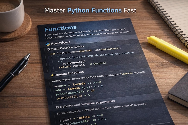 Peut inclure: Une carte bleu fonc&eacute; avec des exemples de code Python et le titre "Fonctions" est pos&eacute;e sur une surface en bois. Un stylo, un bloc-notes, un surligneur jaune et une tasse &agrave; caf&eacute; sont &eacute;galement visibles.