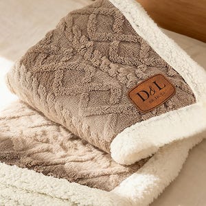 Personalized Sherpa Fleece Blanket, Engraved Leather Patch Throw, Textured Home Decor, Wedding Housewarming Mother's Day Gift For Her