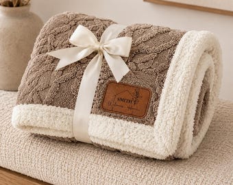 Personalized Double Fleece Blanket with Name, Engraved Leather Patch Throws, Gift for Grandma, Custom Lap Blanktet, Pet Blanket