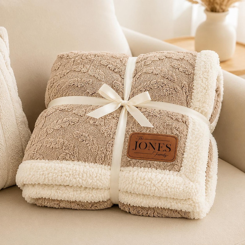 May include: A folded tan throw blanket with a textured leaf pattern and a white sherpa fleece border. The blanket is tied with a cream-coloured ribbon and features a brown leather-like patch with the text "The JONES Family" printed in black.