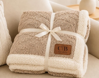 Personalized Sherpa Textured Blanket, Engraved Leather Patch Cozy Throws, Wedding Gift Housewarming Gift For Her/Him