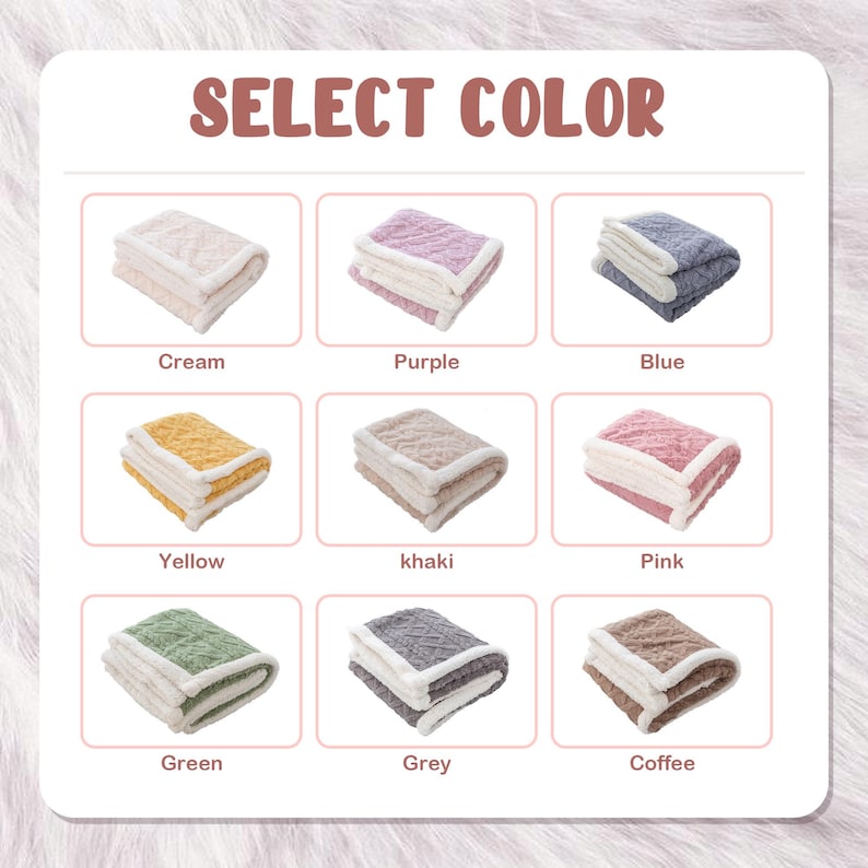 May include: A colour selection chart featuring nine folded blankets with white trim. The text SELECT COLOR is at the top. The blankets are shown in cream, purple, blue, yellow, khaki, pink, green, grey, and coffee, each labelled with its colour name.
