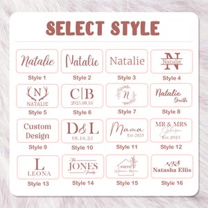 May include: A rectangular chart titled SELECT STYLE featuring sixteen distinct text and graphic design options in a rose gold colour. Each option is labelled Style 1 through Style 16, showcasing various fonts, monograms, and floral motifs for customisation.