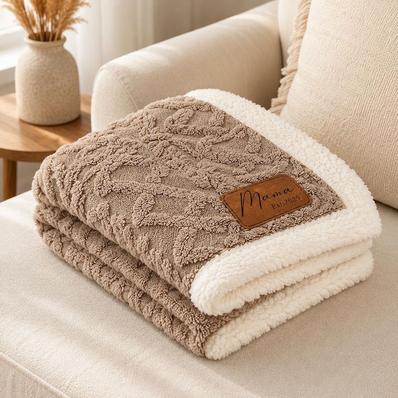 May include: A folded tan blanket with a textured cable knit pattern on one side and a white sherpa fleece lining on the other. A brown rectangular faux leather patch is stitched to the corner, featuring the text Mama Est. 2025 in black script.