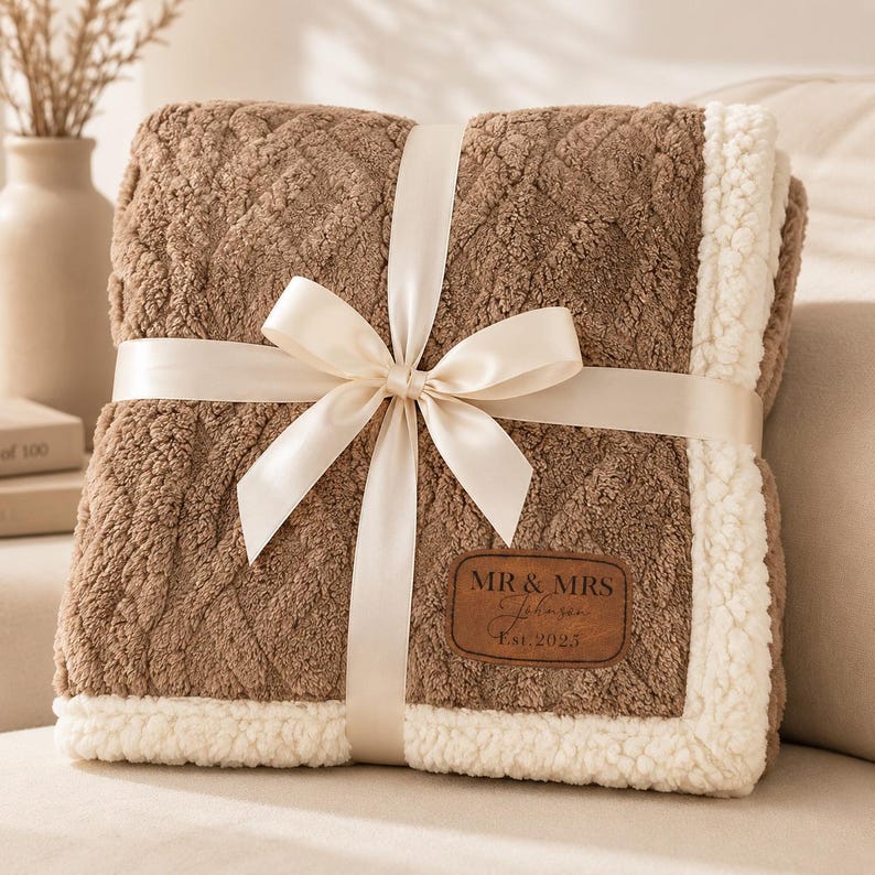 May include: A folded brown textured blanket with a white sherpa fleece border. The blanket features a diamond-patterned surface and a brown leather-like patch with the text MR & MRS Johnson Est. 2023. It is tied with a smooth cream-coloured ribbon.