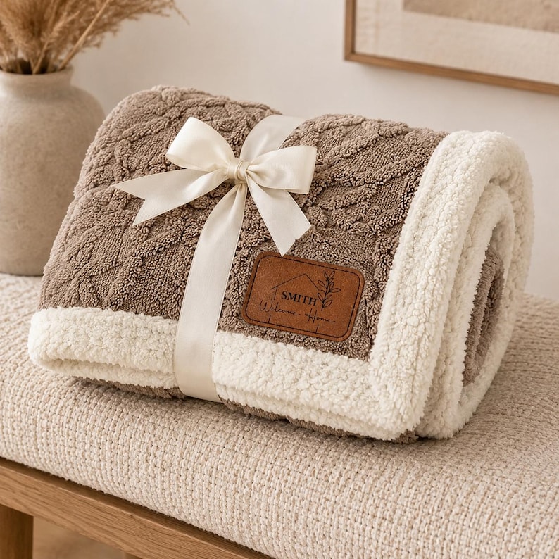 May include: A rolled brown blanket with a textured cable knit pattern and a white sherpa fleece lining. The blanket is tied with a cream-coloured satin ribbon bow and features a brown leather patch with the text SMITH Welcome Home.
