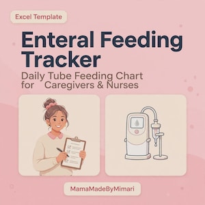 Könnte beinhalten: Eine Excel-Vorlage mit dem Titel Enteral Feeding Tracker und Daily Tube Feeding Chart for Caregivers & Nurses. Die Grafik zeigt eine Illustration einer Person mit einem Klemmbrett und eine Illustration einer medizinischen Ernährungspumpe auf rosa Grund.