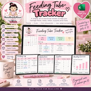 May include: A digital Feeding Tube Tracker Excel template displayed on a computer screen and smaller tablet screens. The interface features pink and white colour schemes, calendars, medication logs, supply trackers, and charts. A pink pen sits in front.