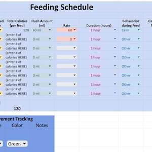 May include: A digital spreadsheet labelled "Feeding Schedule" with columns for time, product description, calories, flush amount, rate, duration, behaviour, and notes. The time is set to 4:00:00 AM.
