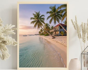 Impresión de casa de playa caribeña, palmera tropical, vista al mar (descarga digital)