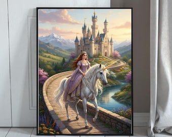 Princess Unicorn Castle Fantasy Art Print Fairytale Wall Decor Magical Landscape Illustration
