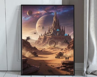 Sci-Fi woestijnkasteel-print | Futuristische scène met zandwormen (digitale download)