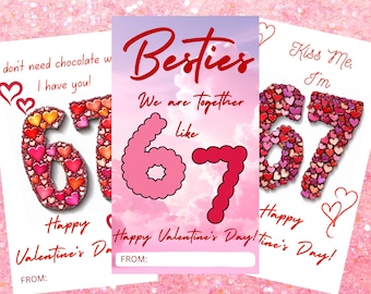 67 Valentine's Day Cards, Printable Six Seven Kids Valentines Cards, 67 Valentines Treat Tags, Instant Download, 2*35in and 11*14in sizes.