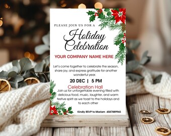 Könnte beinhalten: Eine weiße Einladungskarte für eine Weihnachtsfeier. Die Karte zeigt den Text "Holiday Celebration" in eleganter Schrift, mit Platz für einen Firmennamen. Festliche Stechpalmen- und Weihnachtsstern-Akzente umrahmen den Text, mit Veranstaltungsdetails und RSVP-Informationen.