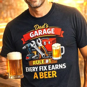 Könnte beinhalten: Dunkelgraues T-Shirt mit dem Text "Dad's Garage" und der Regel "Every Fix Earns A Beer". Das Shirt zeigt Illustrationen von Werkzeugen und einem Bierkrug. Die Person hält einen Bierkrug.