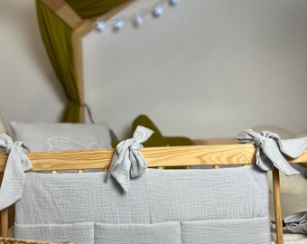 Muslin Crib Organizer with 3 Pockets - Gray Hanging Nursery Storage - Cotton Diaper Caddy for Baby Bed - Neutral Nursery Decor Esty Jorno