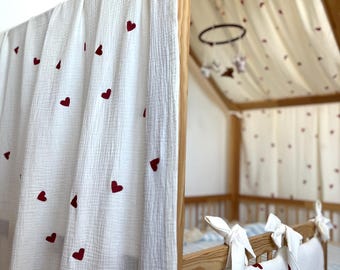 Muslin House Bed Canopy 400x130cm Cream & Embroidered Hearts |  Cotton Bed Drape Gauze Toddler Bed Cover Neutral Nursery Decor | Esty Jorno