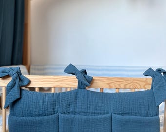 Muslin spjälsängsorganisatör med 3 fickor - Hängande förvaring för barnrum - Dammig blå bomullsblöjlåda för babysäng - Barnrumsinredning | Esty Jorno