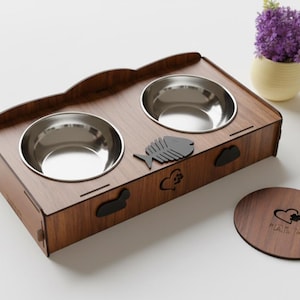 Wooden Elevated Double Pet Bowl Stand for Cats and Small Dogs