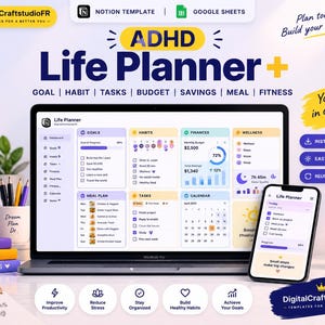 Peut inclure: Un modèle numérique ADHD Life Planner affiché sur un écran d'ordinateur portable et un smartphone. L'interface comprend des sections pour les objectifs, habitudes, finances, bien-être, repas, tâches et calendrier, avec des textes en anglais.