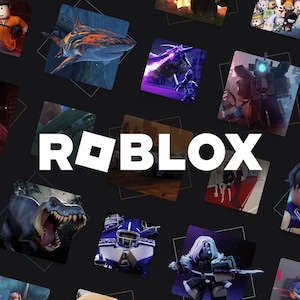 Può includere: Il logo Roblox in testo bianco è centrato su uno sfondo scuro che presenta un collage di varie miniature di giochi, tra cui uno squalo, un dinosauro, un giocatore di football, un robot e diversi avatar a blocchi in vari scenari.