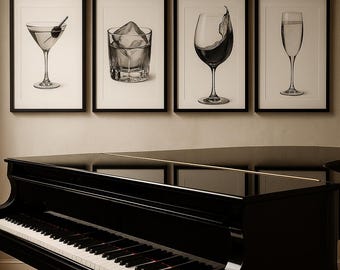 Minimalist Cocktail Art Prints - Black and White Bar Decor (Digital Download)
