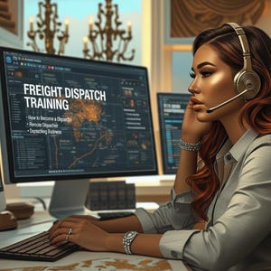 Pode incluir: Uma pessoa usando um fone de ouvido está sentada em uma mesa com vários monitores de computador. As telas exibem as palavras "FREIGHT DISPATCH TRAINING" e um gráfico de mapa-múndi. Ela está digitando em um teclado, sugerindo um ambiente de trabalho ou treinamento.