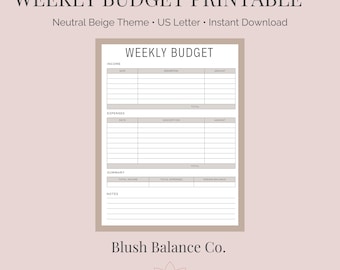 Weekly Budget Printable PDF | Neutral Budget Worksheet | US Letter | Instant Download