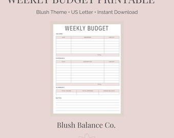 Wochenbudget PDF zum ausdrucken | Blush Haushalts-Arbeitsblatt | US Letter | Sofort Download