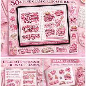 Könnte beinhalten: Ein digitales Sticker-Bundle in Rosa mit dem Text "Ultimate Glow-Up" und "Pink Glam Girl Boss Stickers". Das Bild zeigt Aufkleber mit motivierenden Sätzen, Lippenstift und Gelddarstellungen. Die Aufkleber sind für Planer, Journale, Laptops und Wasserflaschen konzipiert.
