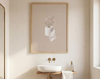 Toilet Paper Plant Print, Funny Minimal Bathroom Wall Art, Quirky Botanical Decor, Restroom Humor Print, Pink Flowers Bathroom Poster | V072