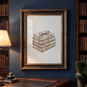 Vintage Book Stack Print, Antique Books Wall Art, Scholarly Decor, Library Print with Ribbon, Student Dorm Art, Dark Academia Decor Wall Art