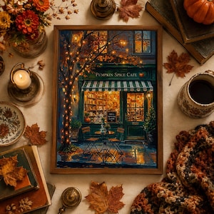 Pode incluir: Uma impressão de arte de parede retangular emoldurada retratando a fachada de um café intitulado Pumpkin Spice Cafe. A cena apresenta uma árvore com luzes quentes, um toldo listrado, uma pequena mesa com duas cadeiras e uma placa com o texto Take a sip & stay a while.