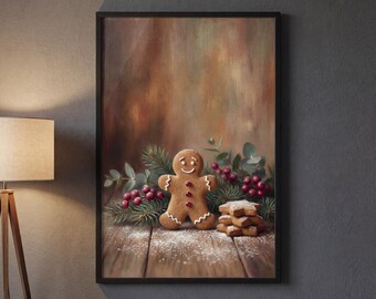 May include: A framed print depicting a gingerbread man with a smiling face, decorated with red candies and white icing. The print includes a stack of star-shaped biscuits, greenery, and red berries on a wooden surface, evoking a festive holiday theme.