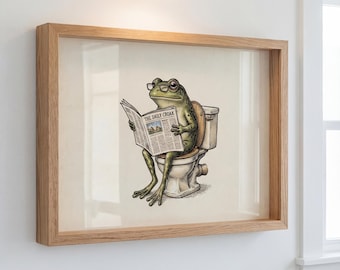 Impresión de rana colorida en el inodoro, arte divertido para la pared del baño, decoración original para el baño, rana leyendo el periódico, póster humorístico para el baño / V65
