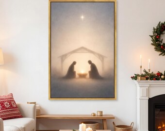 Nativity Manger Print, Minimalist Baby Jesus Wall Art, Modern Nativity Scene, Christian Christmas Decor, Bethlehem Star Print | V073