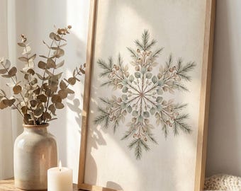 Nordic Snowflake Wall Art, Watercolor Winter Decor, Scandinavian Winter Print, Cozy Wall Art, Farmhouse Cottagecore, Vintage Snowflake Art