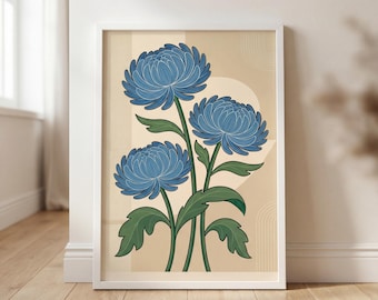 Lámina art déco de crisantemo azul, arte floral vintage para pared, póster con patrón floral de punto de cruz, decoración con flores de temporada / V064