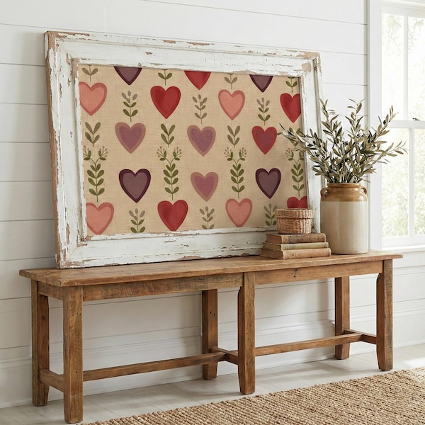 Rustic Linen Hearts Print, Farmhouse Wall Art, Vintage Valentine Decor, Cottagecore Poster, Folk Art, Country Botanical Print | V98