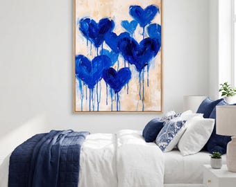 Blue Heart Print, Abstract Wall Art, Navy Blue Decor, Modern Art, Dripping Hearts, Bedroom Art, Blue Painting, Contemporary Poster | V096
