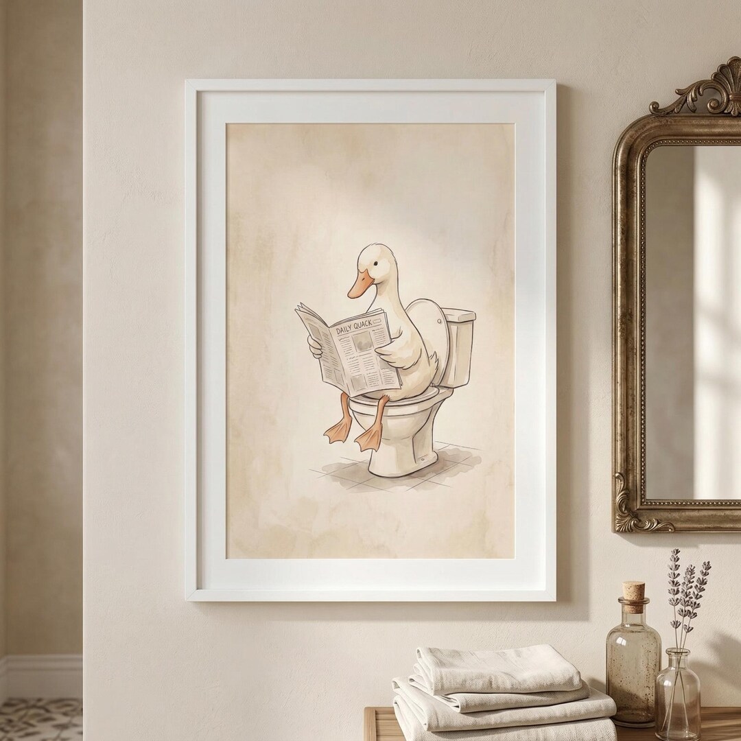 Funny Bathroom Duck Print, Toilet Wall Art, Duck Reading Newspaper ...