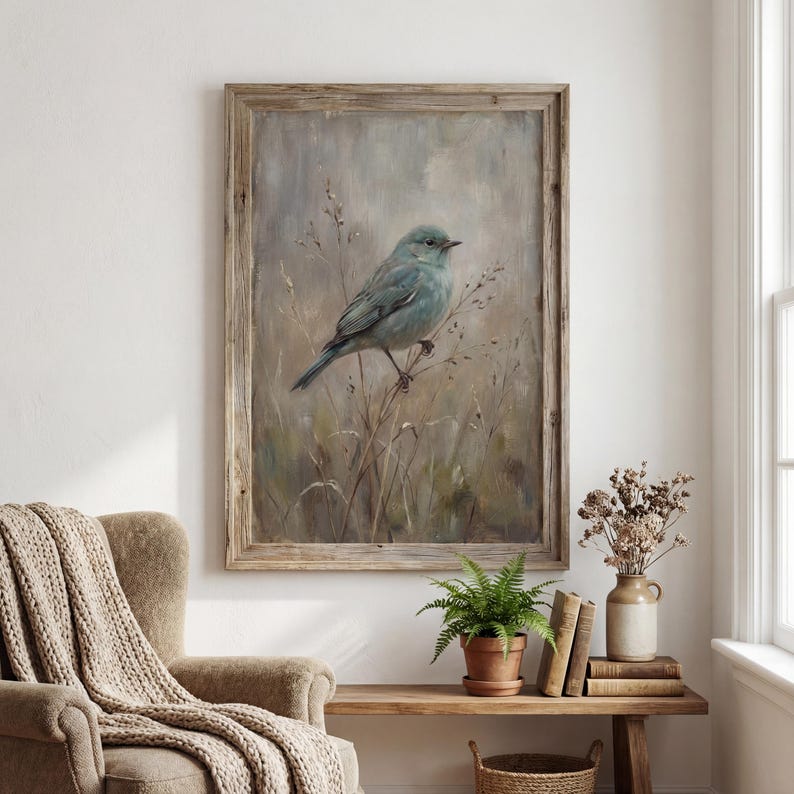 Vintage Blue Bird Print, Cottagecore Bird Wall Art, Teal Bird Botanical ...