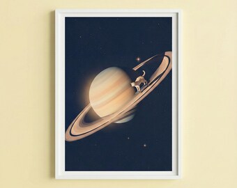 Póster de gato divertido: Gato patinando en el anillo de Saturno, arte espacial caprichoso, arte galáctico minimalista, decoración infantil.