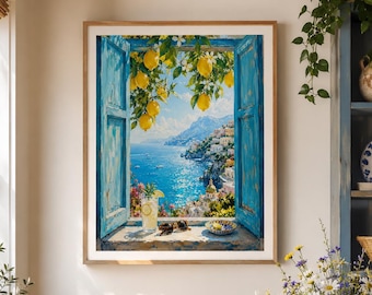 Lámina de limonero mediterráneo, ventana de la costa de Amalfi, arte costero italiano, decoración de pared del océano azul, vacaciones de verano, descarga digital / V151