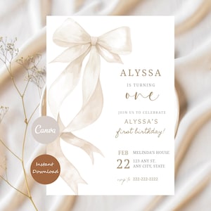 May include: A beige and white birthday invitation with a watercolor bow design. The text reads "ALYSSA is turning one" and invites guests to celebrate Alyssa's first birthday on February 22nd at Melinda's house. Includes contact information.