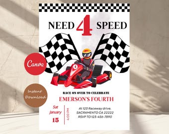 Invitación para el cuarto cumpleaños de Need 4 Speed Race Car (Descarga digital)