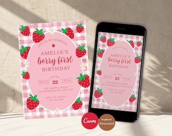 Berry First Birthday Invitation, Gingham, Editable Canva Template (Digital Invite)